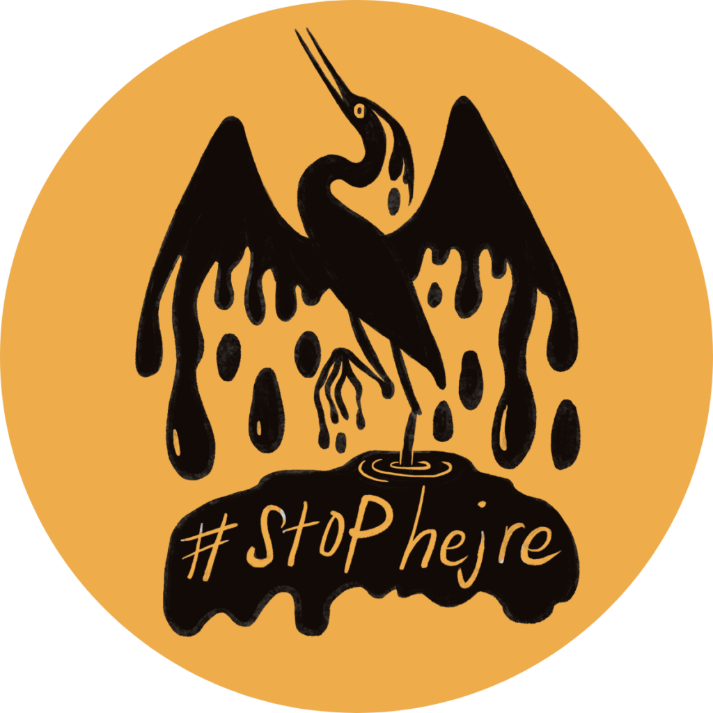 Vores #stophejre-illustration af en hejre fanget i en oliepøl