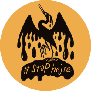 Vores #stophejre-illustration af en hejre fanget i en oliepøl