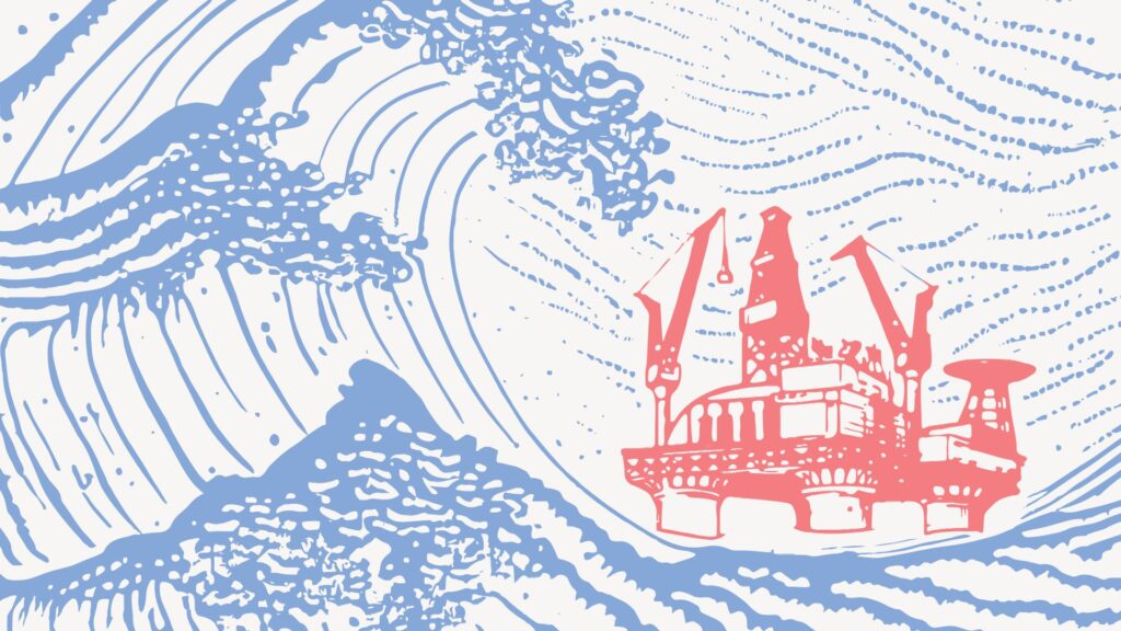 En tegning af en olieplatform i et stormombrust hav